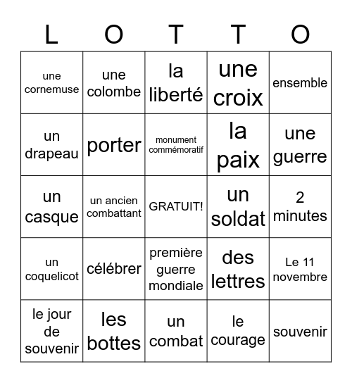 Le jour du souvenir Bingo Card