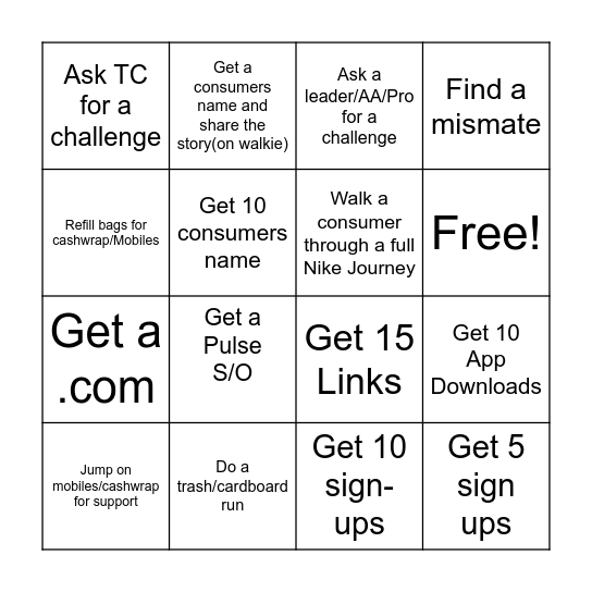 Nike Service Bingo Card