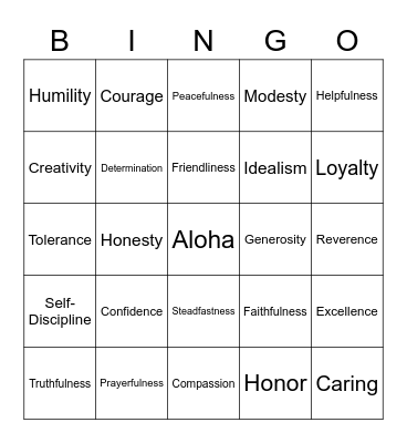Virtues Bingo Card