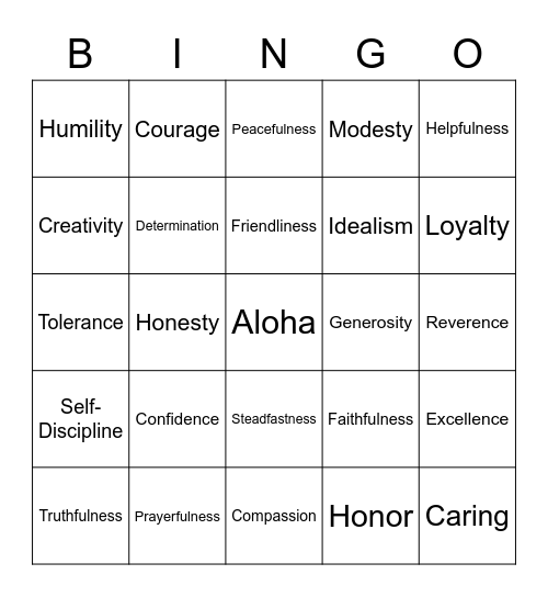 Virtues Bingo Card