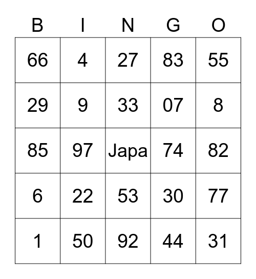 Bingo da japa Bingo Card