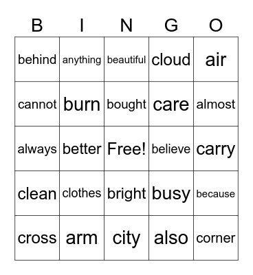 Snap Words Bingo Card