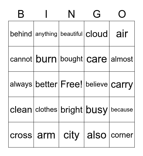 Snap Words Bingo Card