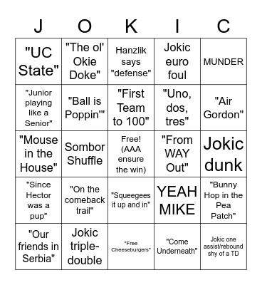 Nuggets Altitude Broadcast Bingo Card