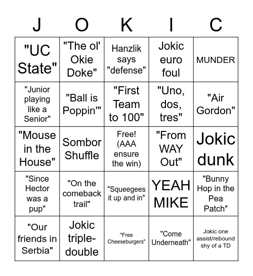 Nuggets Altitude Broadcast Bingo Card