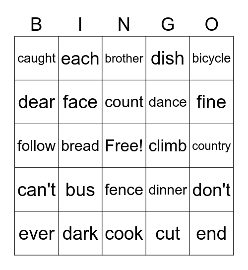 Snap Words Bingo Card