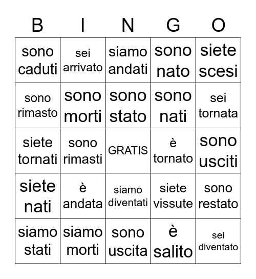 Passato Prossimo al Essere Bingo Card