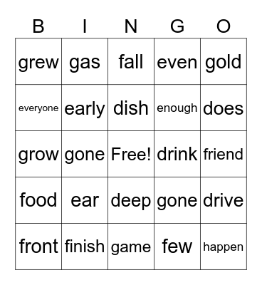 Snap Words  Bingo Card