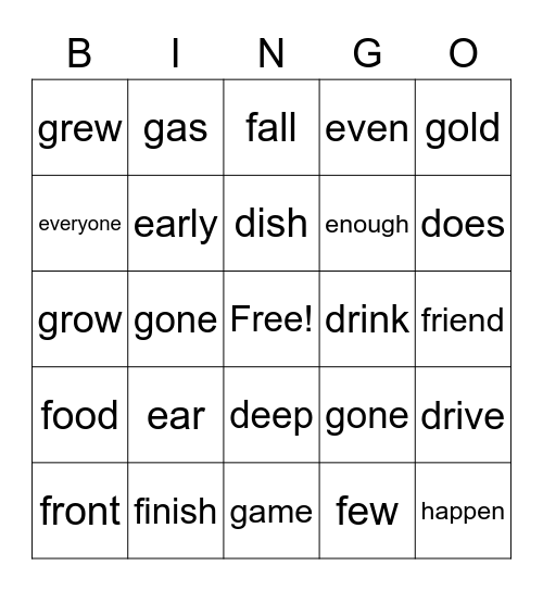 Snap Words  Bingo Card