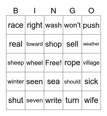 Snap Words Bingo Card