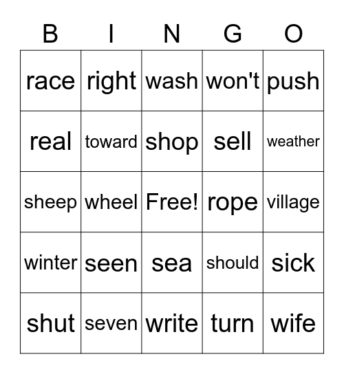 Snap Words Bingo Card