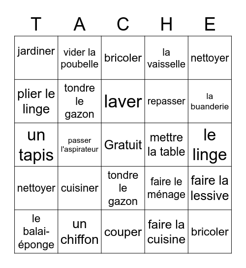 Les tâches ménagères Bingo Card