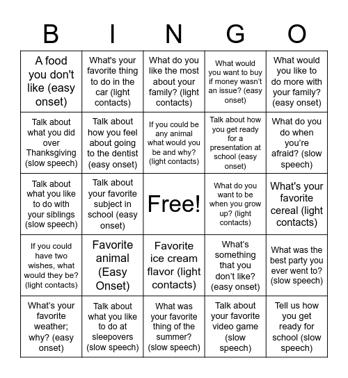 Fluency Bingo Card