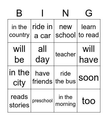 RAZ D41 My New School Bingo Card