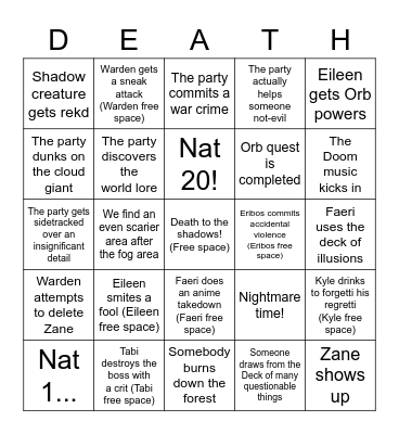 Session 37: Death before Dishonor! (Plz don't hurt us shadow monster) Bingo Card