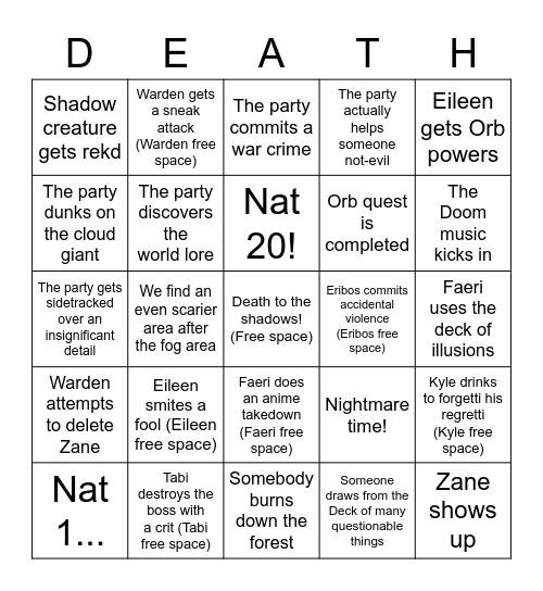 Session 37: Death before Dishonor! (Plz don't hurt us shadow monster) Bingo Card