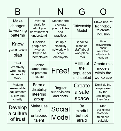 Being Disability Confident Bingo Card