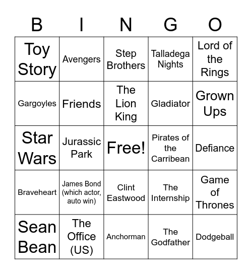 Movie Bingo Card