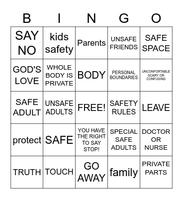 Kids Safety Bingo Card