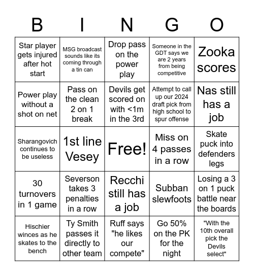 Devils Bingo Card