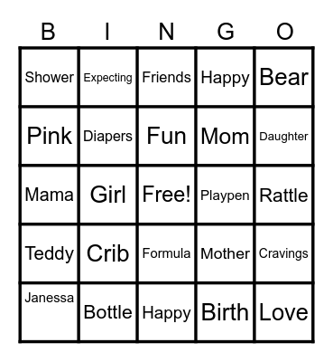 JANESSA'S BABYGIRL BINGO Card