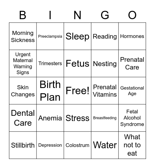 Prenatal Health Bingo Card