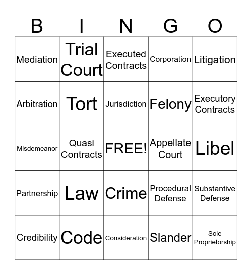 Business Law Review Bingo Card