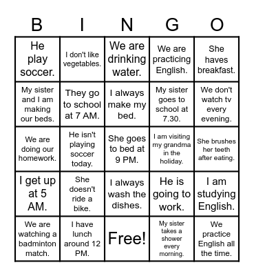 Routines Bingo Card