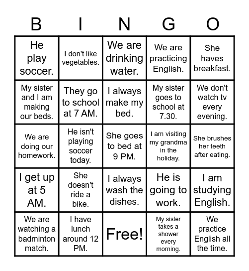 Routines Bingo Card