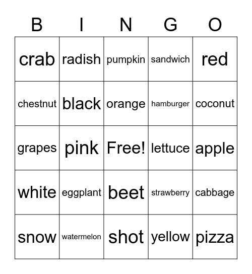 Colors, Food, and Nature Bingo Card
