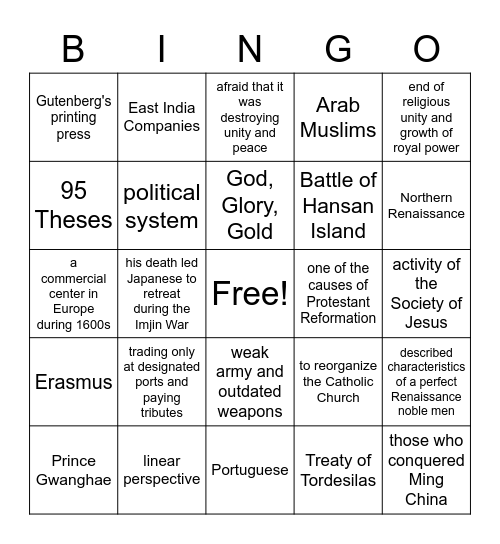 WH Midterm Review Bingo Card