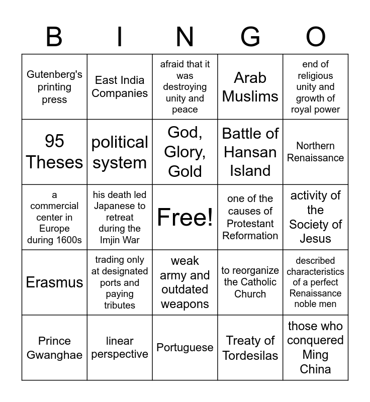 WH Midterm Review Bingo Card
