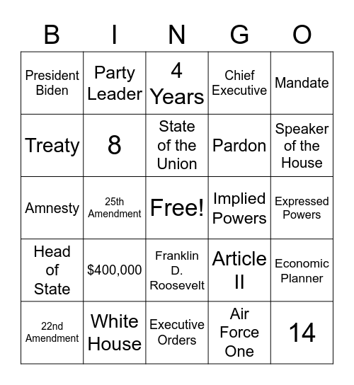 Article II: The Executive Branch Bingo Card