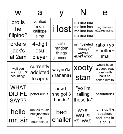 wayne card Bingo Card