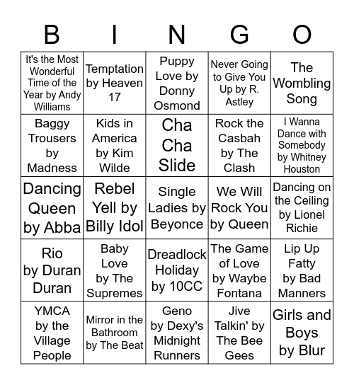 Cheesy Musical Bingo!! Bingo Card