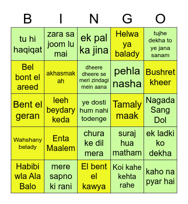 Bollywood & Arabic Songs Bingo Card