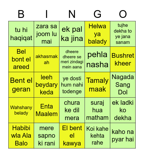 Bollywood & Arabic Songs Bingo Card