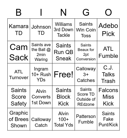 Saints Vs Falcons Bingo Card