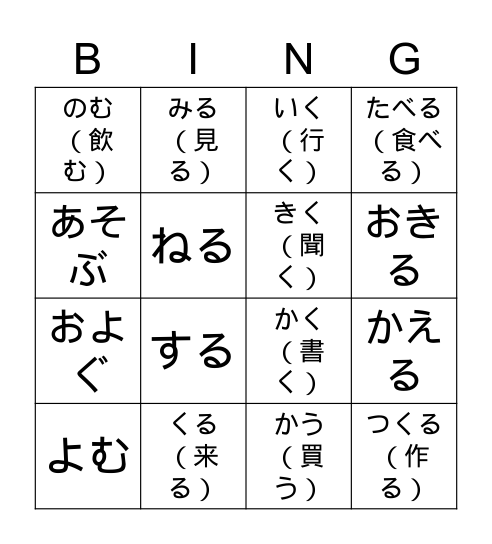 บิงโกคำกริยารูปて Bingo Card