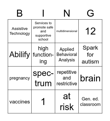 Autism Spectrum Disorder Bingo Card