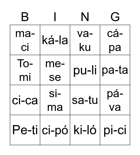 1 á-ig Bingo Card