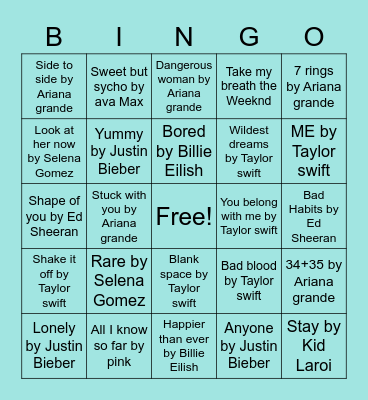 2021 Songs Bingo Card