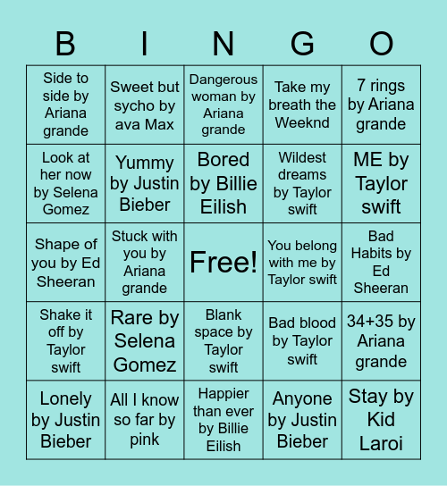2021 Songs Bingo Card