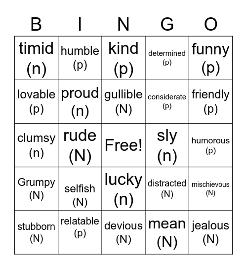 Adjectives For Characters Bingo Card