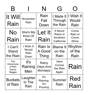 Songs With "Rain" In The Title Bingo Card