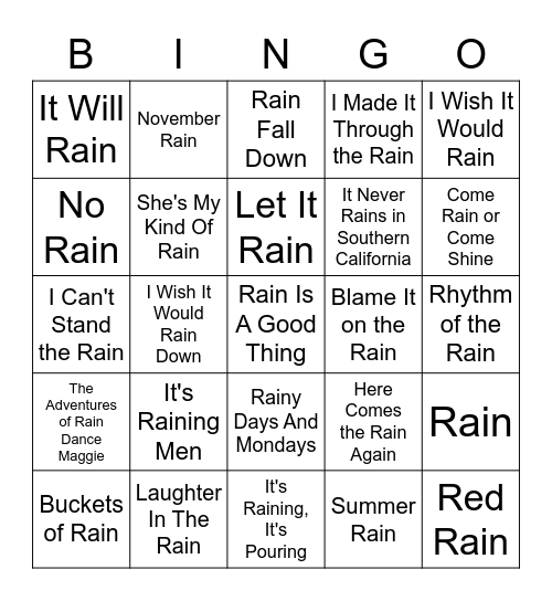 Songs With "Rain" In The Title Bingo Card