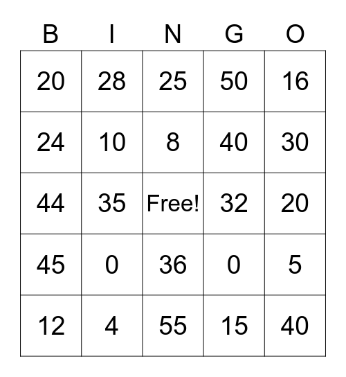 4's & 5's Multiplication Facts Bingo Card