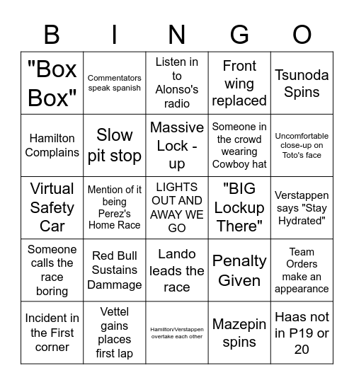 2021 Mexico GP - Markus Bingo Card