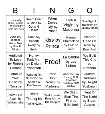 Teenage Years Bingo Card