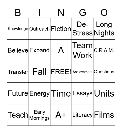 De-Stress Bingo Card